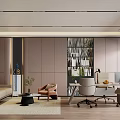 Modern Office Interior With Sofa Armchair Desk Computer Plants Slatted Partition And Cabinets