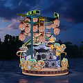 Traditional Festival Float Stage with Evening Sky Clouds Lanterns Dragon Ornaments and Water Surface