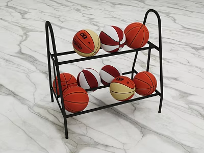 Two Tier Black Metal Sports Equipment Rack Holding Multiple Basketballs with Various Designs 3d model