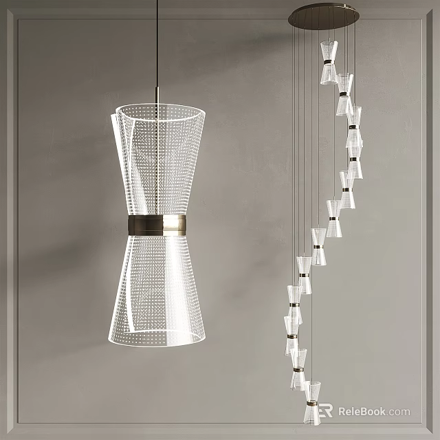 Modern Minimalist Transparent Grid Chandeliers With Metallic Band And Spiral Small Pendants 3d model 