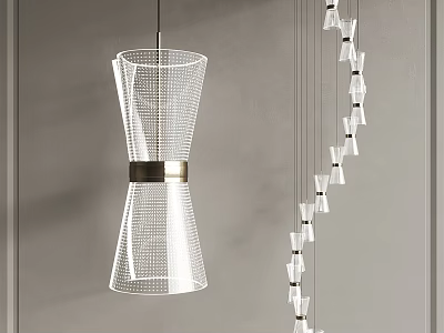 Modern Minimalist Transparent Grid Chandeliers With Metallic Band And Spiral Small Pendants 3d model