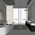 Modern Bathroom Interior With Freestanding Bathtub Glass Shower And Double Vanity Gray Tiles