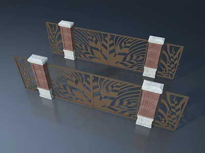 Elegant Swing Door With Red Brick Columns White Accents And Intricate Cutout Metal Panels 3d model