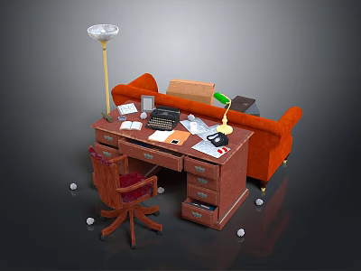 Functional Workspace Interior With Wooden Desk Swivel Chair Orange Sofa Lamps Documents And Telephone 3d model