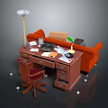 Functional Workspace Interior With Wooden Desk Swivel Chair Orange Sofa Lamps Documents And Telephone