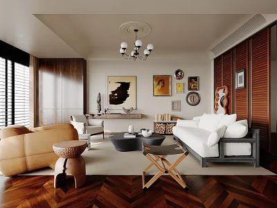 Modern Living Room Interior With Beige Sofa White Couch Wooden Herringbone Floor And Chandelier Artworks 3d model