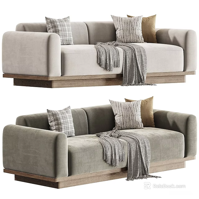 Modern Two Seater Sofa With Decorative Pillows Cozy Blankets And Wooden Base 3d model 