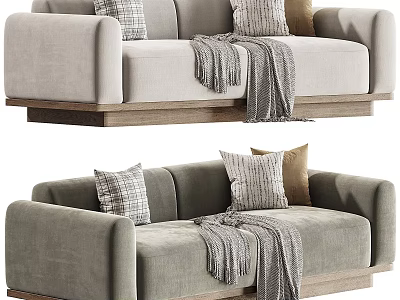 Modern Two Seater Sofa With Decorative Pillows Cozy Blankets And Wooden Base 3d model