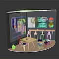 Modern Exhibition Booth Interior with Hanging Lights Wall Decor Display Shelves and Table Chairs