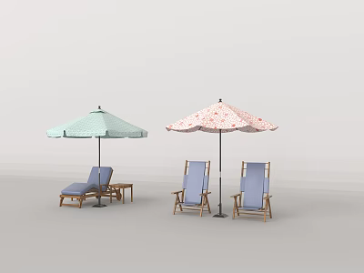 Outdoor Wooden Lounge Chairs With Blue Cushions And Umbrellas And Side Table 3d model