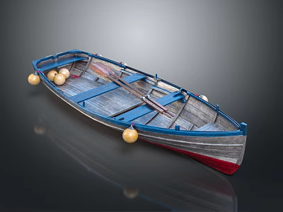 Vintage Wooden Boat With Blue Hull Red Bottom Wooden Deck Oars And Buoys 3d model