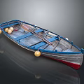 Vintage Wooden Boat With Blue Hull Red Bottom Wooden Deck Oars And Buoys