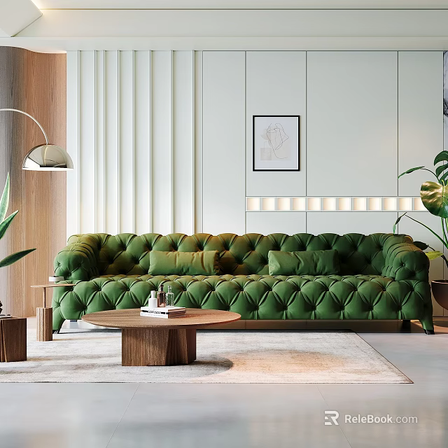 Elegant Living Room Interior With Green Velvet Sofa Wooden Coffee Table Floor Lamp And Plants 3d model 