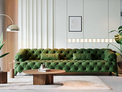Elegant Living Room Interior With Green Velvet Sofa Wooden Coffee Table Floor Lamp And Plants 3d model