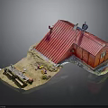 Red Roofed Small House Exterior With Ground Bench And Antenna Features
