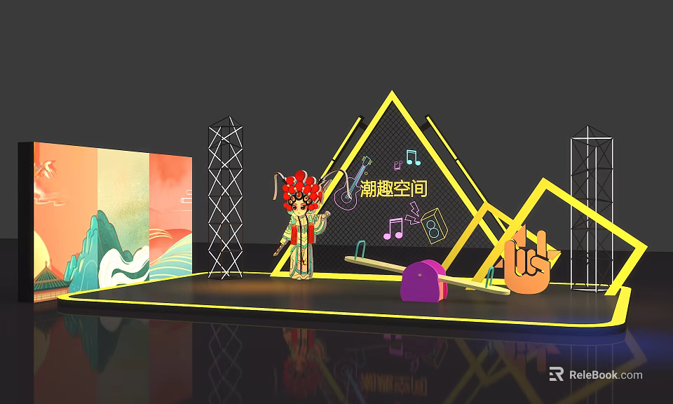 Fun Trendy Space Stage Design With Cartoon Character Music Notes And Geometric Shapes 3d model 