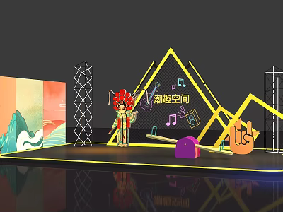 Fun Trendy Space Stage Design With Cartoon Character Music Notes And Geometric Shapes 3d model