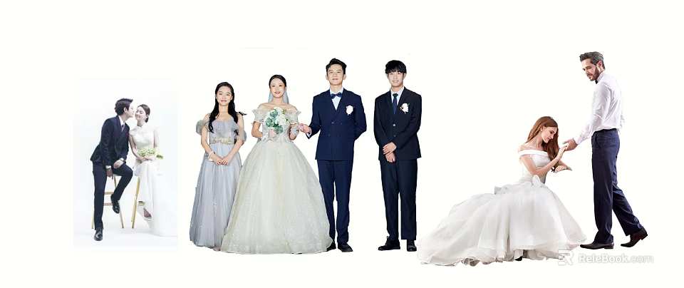 Wedding Party Members In Bridal Gowns And Formal Suits Standing Together 3d model 