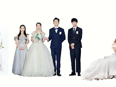 Wedding Party Members In Bridal Gowns And Formal Suits Standing Together 3d model