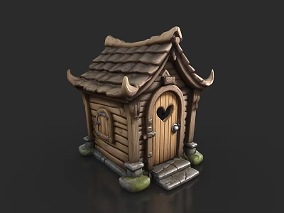 Wooden House With Tiled Roof Horn Shaped Eaves Heart Shaped Door And Stone Steps 3d model
