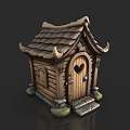 Wooden House With Tiled Roof Horn Shaped Eaves Heart Shaped Door And Stone Steps