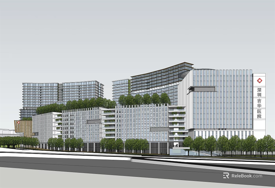 Modern Shenzhen Hospital Building With Glass Curtain Walls Green Roofs And Trees 3d model 