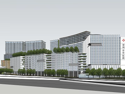 Modern Shenzhen Hospital Building With Glass Curtain Walls Green Roofs And Trees 3d model