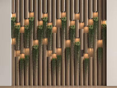 Cozy Living Plant Wall With Vertical Wooden Slats Hanging Greenery And Warm Yellow Lights 3d model