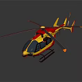 Modern Red and Yellow Helicopter Parked on Grey Background with Rotors and Landing Gear
