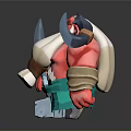 Elderly Man with Red Skin White Beard Suspenders Carrying Large Axes on Shoulders and Toolbox