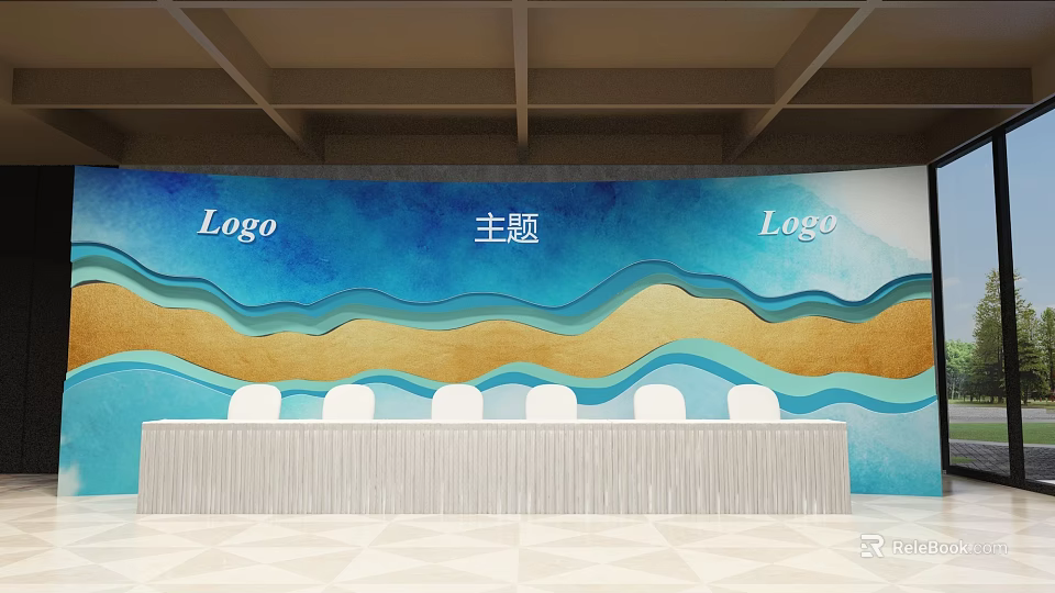 Sign In With Blue Yellow Wave Background Logo Theme Text White Long Table And Chairs 3d model 