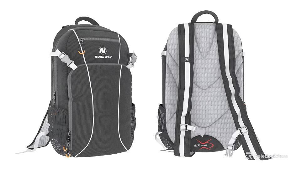 Practical Black Backpack With White Trim Multiple Pockets Mesh Back Straps And Supportive Design 3d model