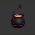 Black Iron Pot With Handle Filled With Gold Coins And Three Small Feet