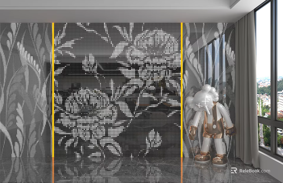 Stylish Black and White Floral Pattern Wall Paneling for Modern Interior Decor Enhancement 3d model 