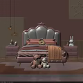 Cozy Pink Kids Bed With Crown Headboard Stuffed Toys And Rabbit Lamp
