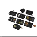 Various Black Kitchen Sinks With Drainers Cutting Boards Faucets And Fresh Fruits