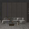 Modern Living Room With White Curved Sofa Wooden Lattice Wall And Round Coffee Table