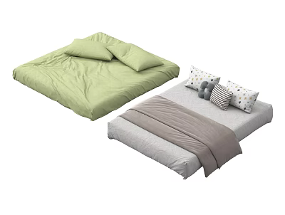 Comfortable Green and Gray Mattresses with Soft Bedding Decorative Pillows and Cozy Blanket 3d model