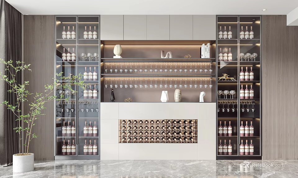Modern Wine Cabinet With Glass Doors Metal Frame Wine Bottles Wine Glasses And LED Lighting 3d model 