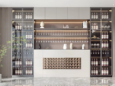 Modern Wine Cabinet With Glass Doors Metal Frame Wine Bottles Wine Glasses And LED Lighting 3d model