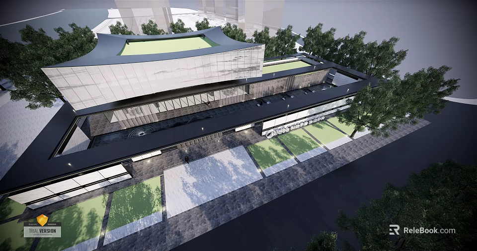 Modern Sales Office Building With Curved Glass Facade Green Roof And Landscaped Trees 3d model 
