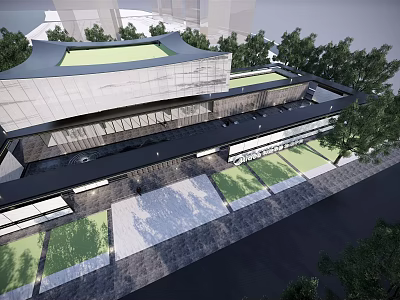 Modern Sales Office Building With Curved Glass Facade Green Roof And Landscaped Trees 3d model