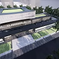 Modern Sales Office Building With Curved Glass Facade Green Roof And Landscaped Trees