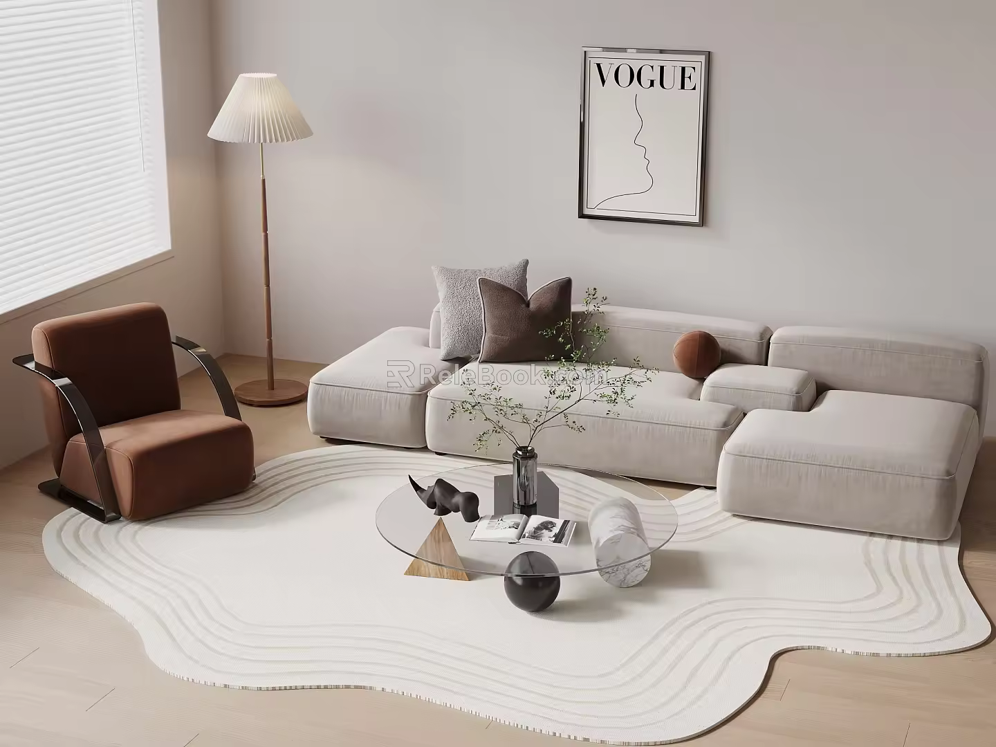Cream wind sofa coffee table floor lamp carpet single sofa 3d model