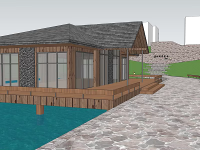 Garden Landscape Design With Wooden Building Gray Roof Water Area Stone Path And Steps 3d model