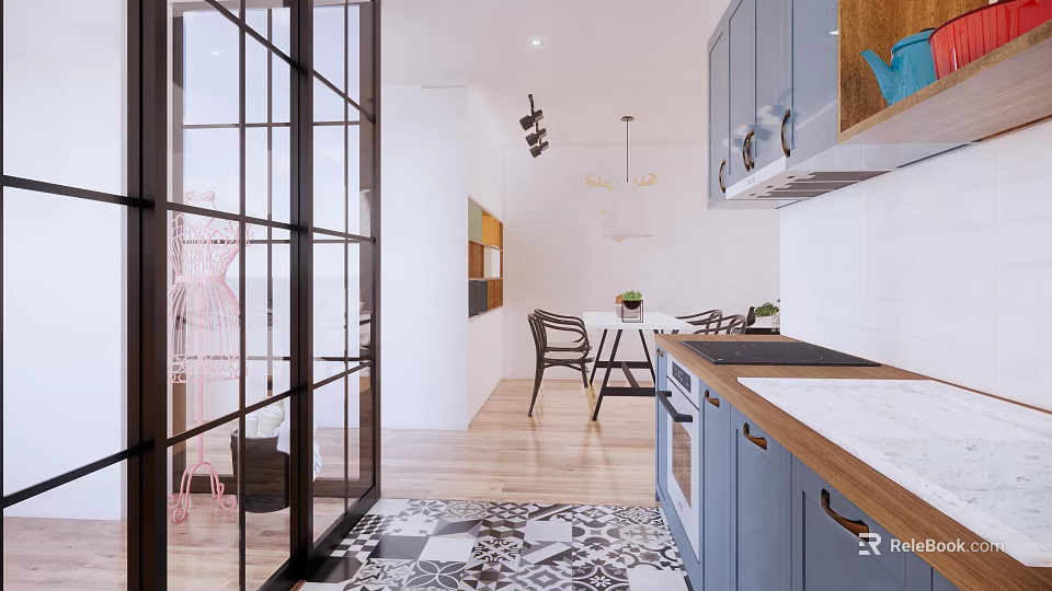 Modern Dining and Living Room Interior With Blue Cabinets Wooden Countertop And Patterned Floor Tiles 3d model 