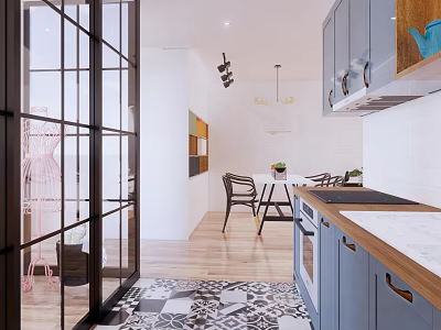 Modern Dining and Living Room Interior With Blue Cabinets Wooden Countertop And Patterned Floor Tiles 3d model