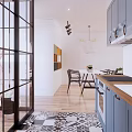 Modern Dining and Living Room Interior With Blue Cabinets Wooden Countertop And Patterned Floor Tiles