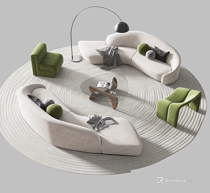 Curved Beige Sofa Set With Green Armchairs Glass Coffee Table Floor Lamp And Round Rug 3d model 
