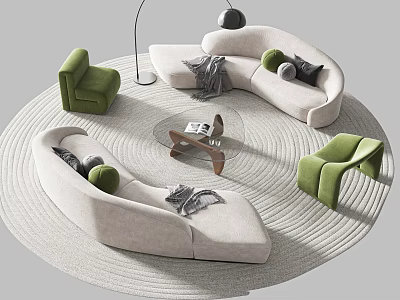 Curved Beige Sofa Set With Green Armchairs Glass Coffee Table Floor Lamp And Round Rug 3d model